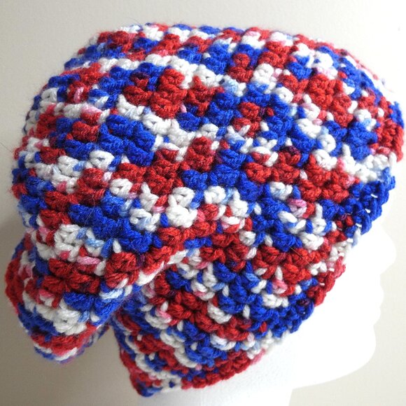 Multicolor Slouch Hat Red White Blue Baggy Beanie Cap Handmade Crochet Hand Knit - Picture 1 of 8